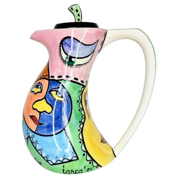 Vintage Larca Gallery Fine Art Hand Painted Abstract Faces Coffee Teapot Signed - Picture 3 of 14